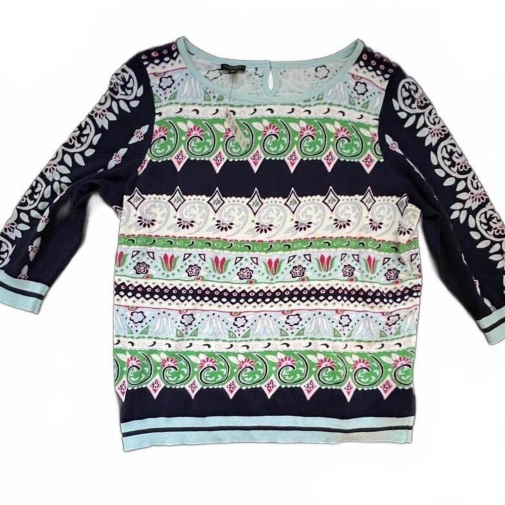 Talbots Sweater Navy Green‎ Paisley Silk Blend 3/4 Sleeve 1XP